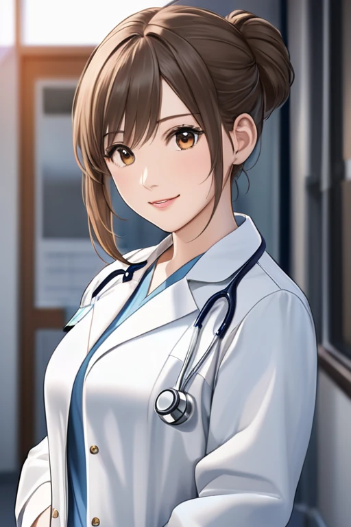 anime character in a white coat , beautiful female doctor with a pony tail hairstyle  、smile、smooth anime cg art,   wearing a white hospital gown  ,   wearing a white coat  and a blouse, With a Stethoscope, doctor,   wearing a white coat , (doctor), Makoto...