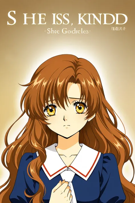 A girl that is an student. She has long wavy Brown hair with shiny golden eyes with blue dress uniform. She is sad. Kind. Clamp Tsubasa chronicles art style. 