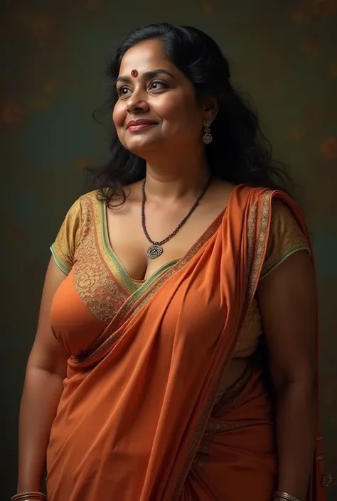 Indian middle aged woman with very massive breasts wearing blouse showing her cleavage partially wearing saree. She is smiling a little bit and have wrinkles on her face. 