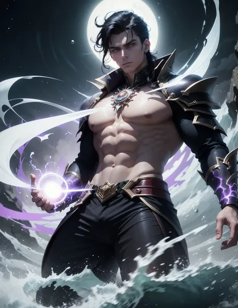 The dark realm ruler is a striking figure in his early 20s, his youthful appearance belying the immense power he wields. His pale skin, smooth and flawless, carries an ethereal quality, like polished marble untouched by time. His black hair, thick and lust...