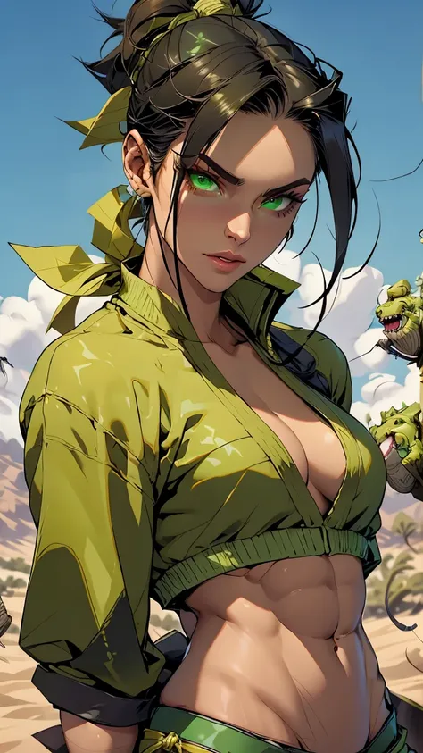 arafed woman in a green and black outfit posing in the desert, character from mortal kombat, kitana from mortal kombat, bodybuilder superhero bikini, akali from league of legends, in mortal kombat, akali, green skinned, green body, goro from mortal kombat,...