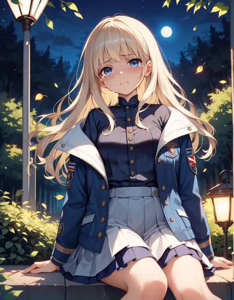 masterpiece,best quality,very aesthetic,absurdres,
1girl, anime style, , long black straight hair, detailed face, youthful, beautiful, upper body, dark blue eyes, blue jacket, black patterned shirt, navy blue skirt, knee length skirt, night, empty forest p...