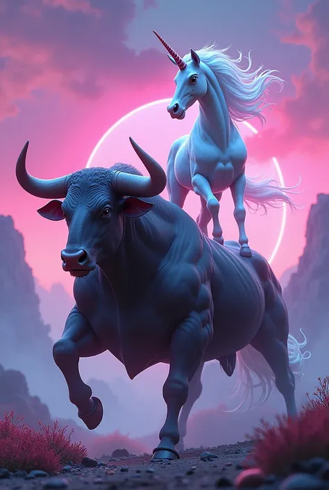 Realistic unicorn riding a bull, neon