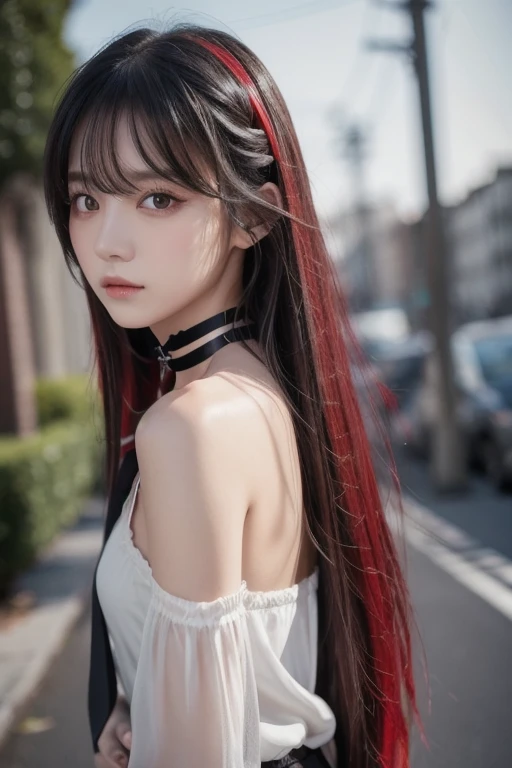  top quality ,  detailed information,  Color Difference,  1 girl,  long hair,  black hair,  messy hair, red highlights,  Hair,  red eyes, Sharp Eye,  choker ,, ,  their four ,  turn my arms around my back , Tie your arms,  