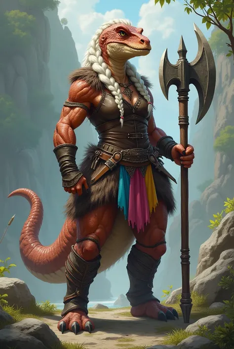 Create an image of a 20-year-old woman humanoid dinossaur who is a barbarian.She has humanoid dinossaur bodyand she has a humanoid face. She has braided hair in a Viking-style hairstyle and holds a huge two-handed axe with a tutti-frutti-colored blade. She...