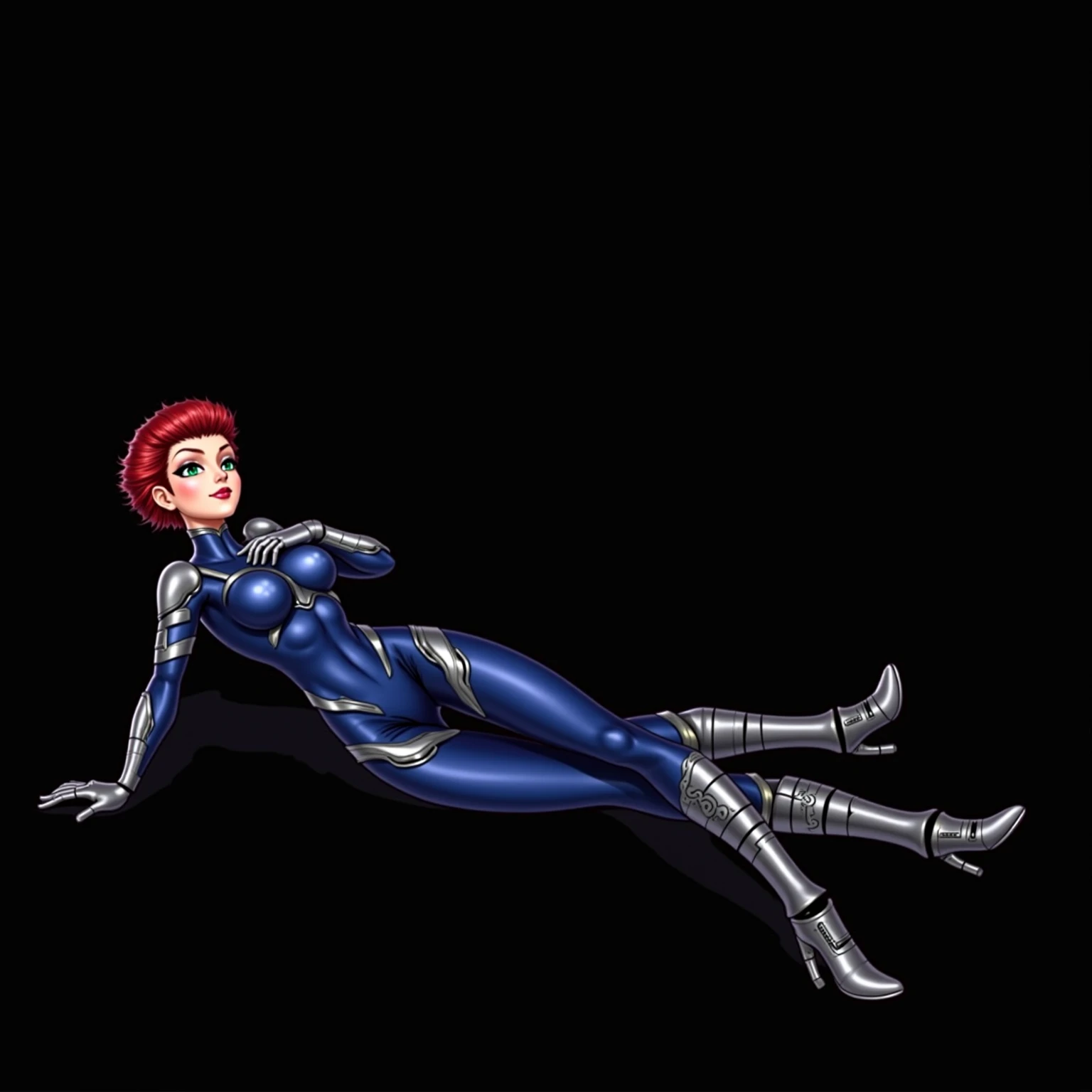 A futuristic female character with a confident and dynamic presence, wearing a metallic blue bodysuit with silver accents and armor-like details. Her short, styled red hair adds to her bold look, and her sharp, glowing eyes convey intelligence and power. S...