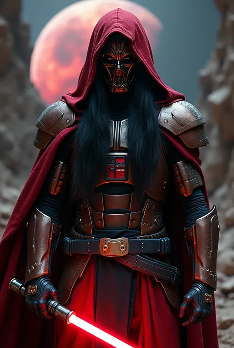 ((best quality)), photorealistic of Darth lord of the nihgt photorealism, Photorealistic, high resolution, Beautiful, intricate Unusual heaven masked,wicked mysterious,epic Combat pose, looking at the camera, (Detailed masked),black hair, long hair, perfec...