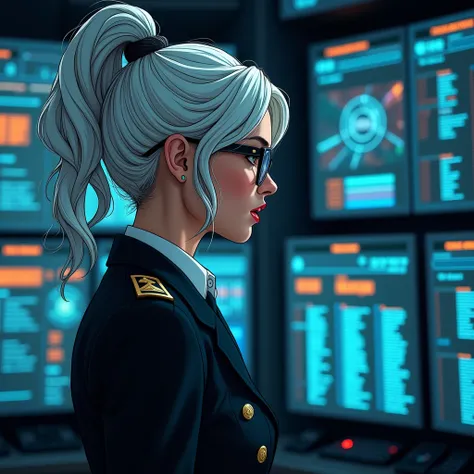 Modern Comic details high graphics, Adult woman with glasses, White hair tied round high,  formal military style clothing watching monitors with dates and names of cities,  screens with blue lights , orange lighting 