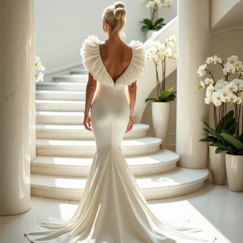  The image shows a sensual blonde woman with platinum hair tied in a bun ,  wearing an elegant long white dress in an environment decorated with a bouquet of white orchids.  The dress is adjusted to the body ,  with a mermaid tail modeling that extends smo...