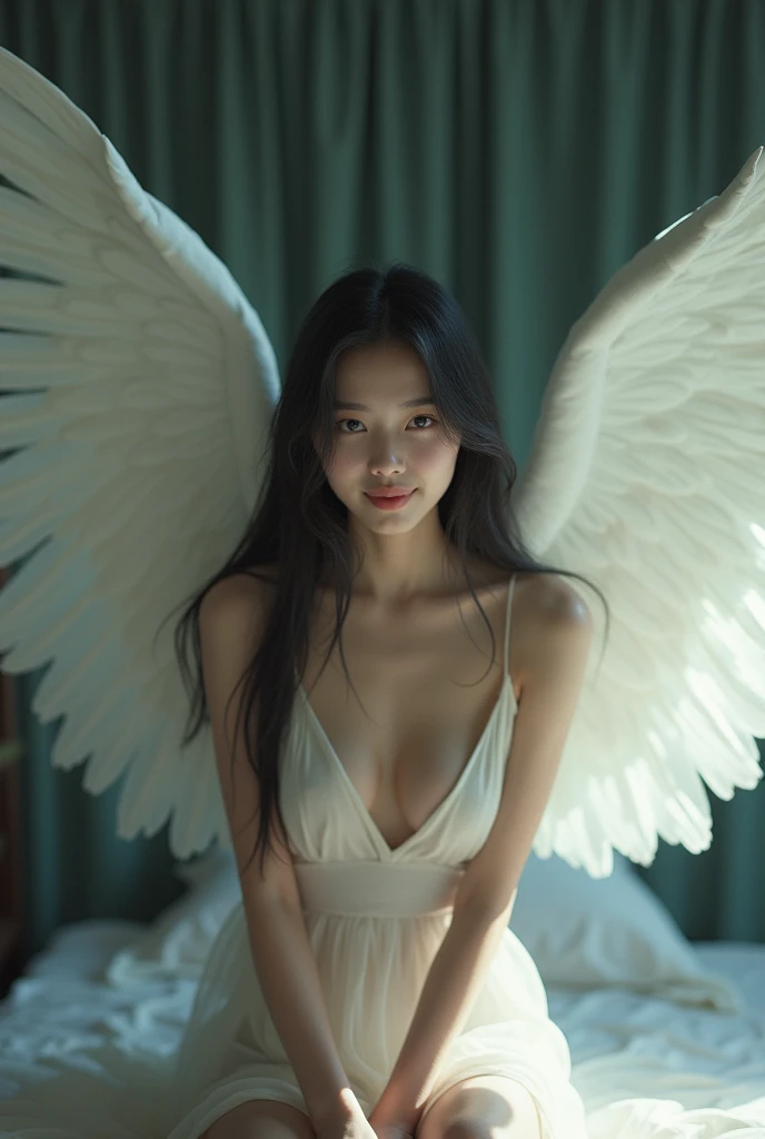 (best quality)), ((masterpiece)), (detailed), (realistic). Erotic Beautiful Chinese Innocent young woman long Straight hair with realistic big white angel wings smile Came love to me in the bed room from heaven looking at me romantically waving his wings. ...