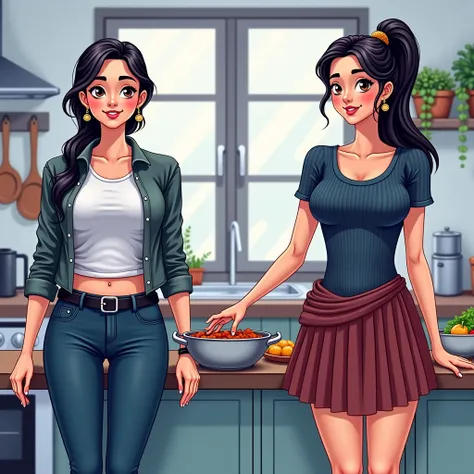 Generate a real life Style image of Married girl in skinny jeans and skintight ribbed t shirt tucked in jeans and black belt, girl is helping in cooking the woman in saree is mother in kitchen in india , full body view