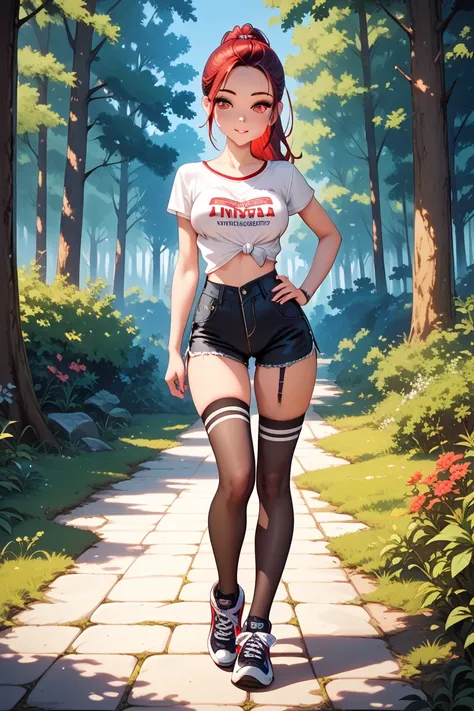 ((Young Teenage)), girl, cute, medium breasts, ((narrow hips)), thin waist, small ass, beautiful, ((petite)), red eyes, forehead, loose top, stockings with stripes, unzipped black shorts, black sneakers, ponytail, hand on hip, arm under boobs, detailed, ma...