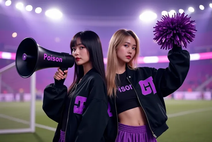 Two girls on a soccer field in Maracanã, at night with the field lit up with purple LED lights. Both are wearing a large black college jacket with a purple body and sleeves, with a large P on the left chest. Underneath, she is wearing a black crop top with...