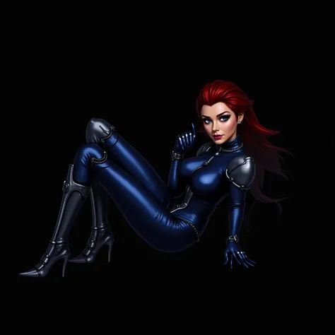 A futuristic female character with a sleek and bold appearance, wearing a form-fitting, metallic blue outfit accented with silver armor-like details. She has striking red hair styled neatly, and her makeup emphasizes sharp features and bright eyes. The cha...