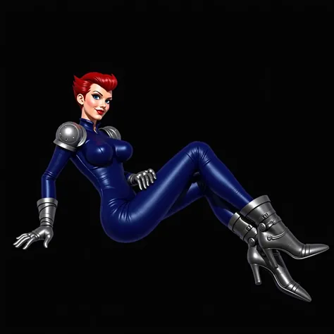 A futuristic female character with a sleek and bold appearance, wearing a form-fitting, metallic blue outfit accented with silver armor-like details. She has striking red hair styled neatly, and her makeup emphasizes sharp features and bright eyes. The cha...