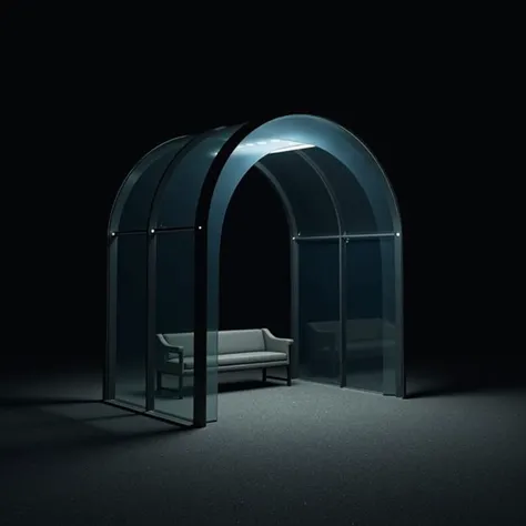 A sleek and modern semi-transparent shelter with a curved, arch-shaped roof made of a glass-like or mesh material. The structure is supported by thin, metallic black pillars, with clear panels on all sides, providing visibility into the interior. The shelt...