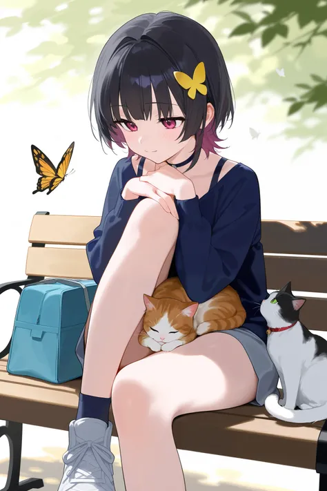 Anime girl sitting on a bench with cat and butterfly,Girls wear lots of cat-shaped accessories
