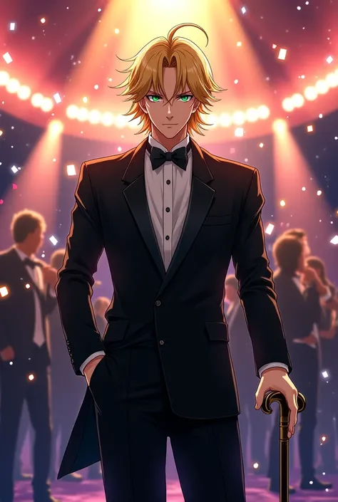 Birthday background anime adult man blonde hair up to chin green eyes face identical to Kisuke Urahara anime character Bleach wearing a black tuxedo carrying a cane full body image