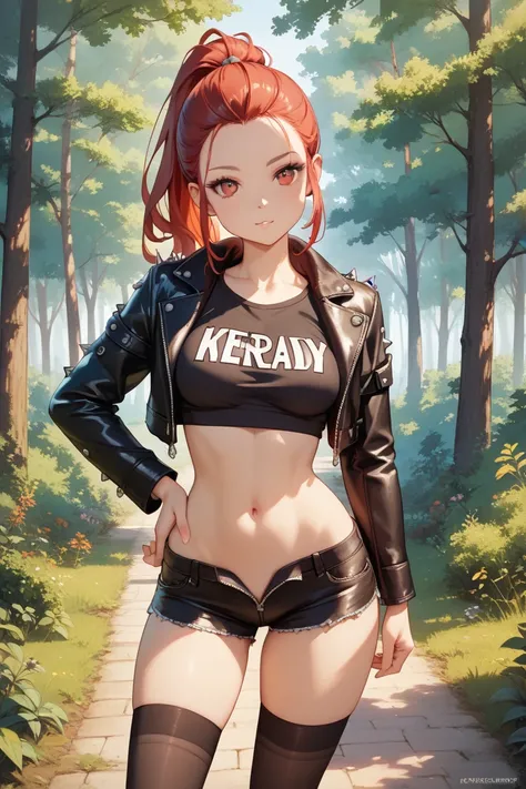 ((Young Teenage)), girl, cute, medium breasts, ((narrow hips)), thin waist, small ass, beautiful, ((petite)), red eyes, forehead, black top, studded leather jacket, stockings with stripes, unzipped black shorts, black sneakers, ponytail, hand on hip, arm u...