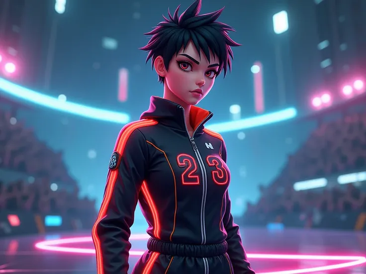 *Base Avatar:* A lean, athletic build with short, spiky hair and piercing eyes.

*Game Elements:* A dramatic, neon-lit arena or a futuristic cityscape in the background, with geometric shapes and glowing lines to enhance the high-tech feel.

*Customize the...