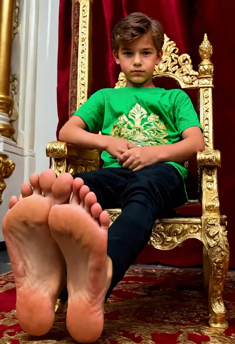 A boy prince on a throne, beautiful detailed feet soles, highly intricate ornate throne, elaborate golden decorations, regal elegant pose, (best quality,4k,8k,highres,masterpiece:1.2),ultra-detailed,(realistic,photorealistic,photo-realistic:1.37),HDR,UHD,s...