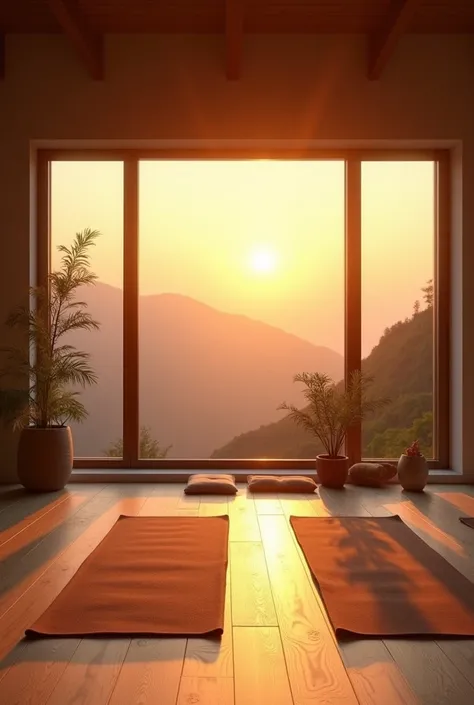 "A yoga room bathed in warm, golden hues of a sunset, with pilates flooring, yoga mats, and a large window framing a scenic mountain view."
