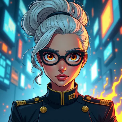 realistic details Modern Comic high graphics , Adult woman with glasses, White hair tied round high,  formal military style clothing ,  fury on his face orange flashes and blue rays, screens with blue lights , orange lighting 