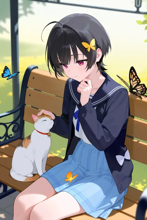 Anime girl sitting on a bench with cat and butterfly,Girls wear lots of cat-shaped accessories
