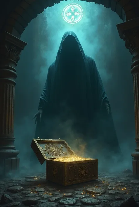 A dark shadow hovering over the treasure, with a curse symbol floating above the Mani, warning of its dangerous power.