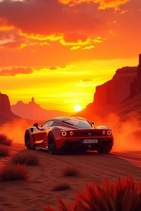 A vibrant desert landscape bathed in warm tones of orange, red, and yellow, with the sky blending seamlessly into a fiery gradient at sunset. A sleek sports car sits in the foreground, reflecting the glowing hues of the desert. The ground shimmers with gol...