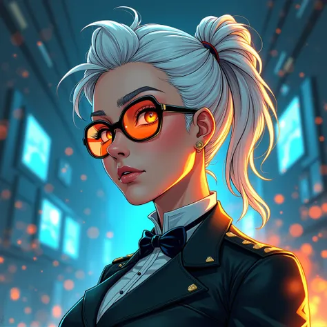 realistic details Modern Comic high graphics , Adult woman with glasses, White hair tied round high,  formal military style clothing ,  fury on his face orange flashes and blue rays, screens with blue lights , orange lighting , Realism details 