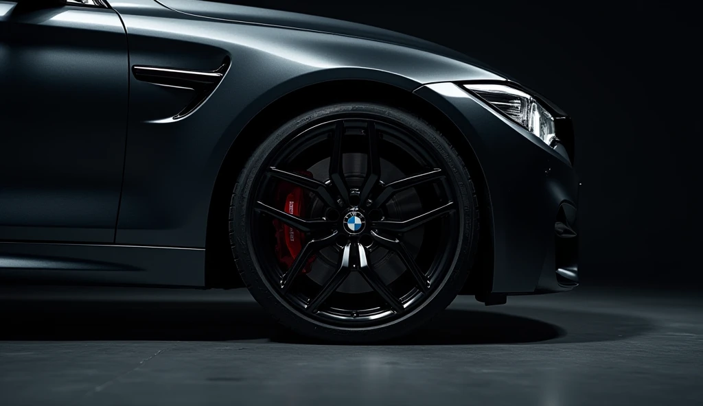 A close-up view of the 2025 BMW M4 CSs wheels in Black Sapphire Metallic, captured in an indoor studio setting. The focus is on the intricately designed alloy wheel, showcasing its sporty multi-spoke pattern, glossy finish, and the iconic BMW logo at the c...