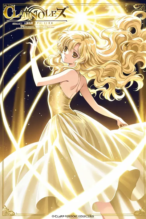 Long light Blonde wavy hair golden eyes ballerina woman dancing in a magic land using magic wearing a golden delicate dress with stars surrounding her. Clamp Tsubasa chronicles art style. Book cover without titles. 