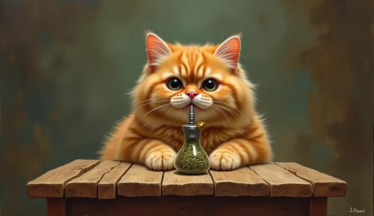 A fluffy orange Persian cat sits smoking a hookah with chopped dry grass. She sits at a wooden table with big eyes and a smile. Her paws are on the table. Oil painting.