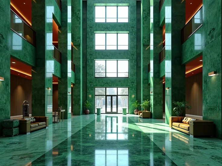 Green marble stone Lobby, building interior, columns, prism, rectangular, 2 stories Lobby, green furniture, green and dark elegant room, door to the street, snow, green and red wood, elegant and expensive, modern architecture, interior, High Resolution, Hi...