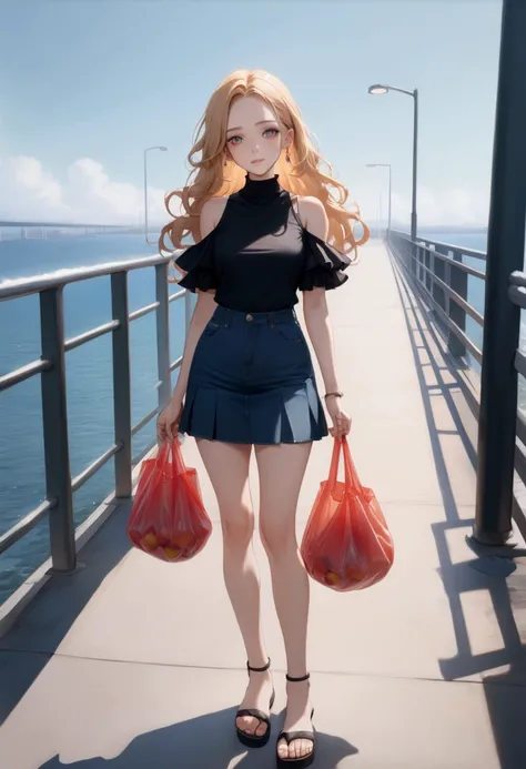 beautiful young woman at pedestrian bridge, across the sea, she is holding red plastic bag, (+forehead, wavy hair, long hair, black hair, peach-blonde ombre, peach-blonde streaked hair, peach-blonde hilighted hair, 2 tone colors hair), (dark-beige turtlene...