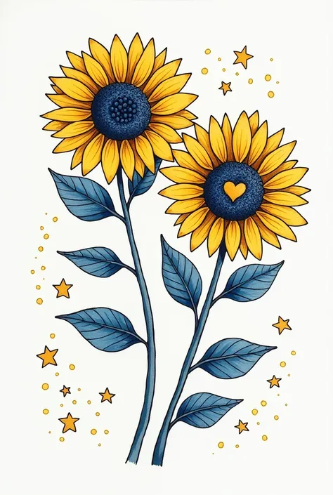 Small drawing with decorative lines and has 2 Sunflowers with a heart center and the saying "Love does not consist of gazing at each other, but in looking together in the same direction" , royal blue and yellow coloring
symbolism for true love and marriage...