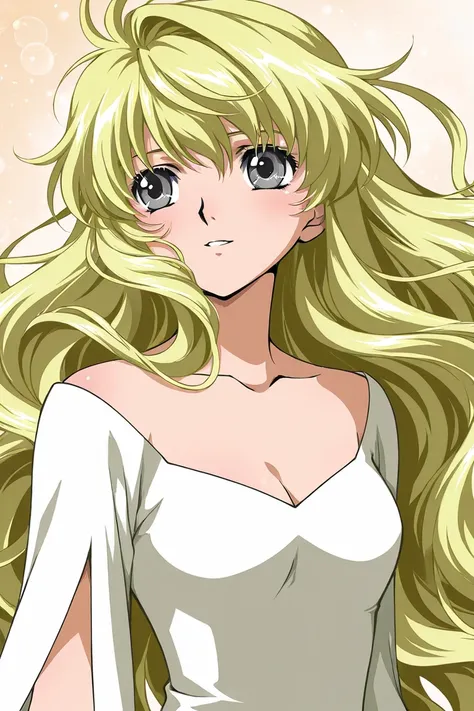 A girl that is an student. She has long wavy blonde hair with shiny gray eyes with a beautiful white two pieces set. Shes brave. Smiling. Blushing. Clamp Tsubasa chronicles art style. 