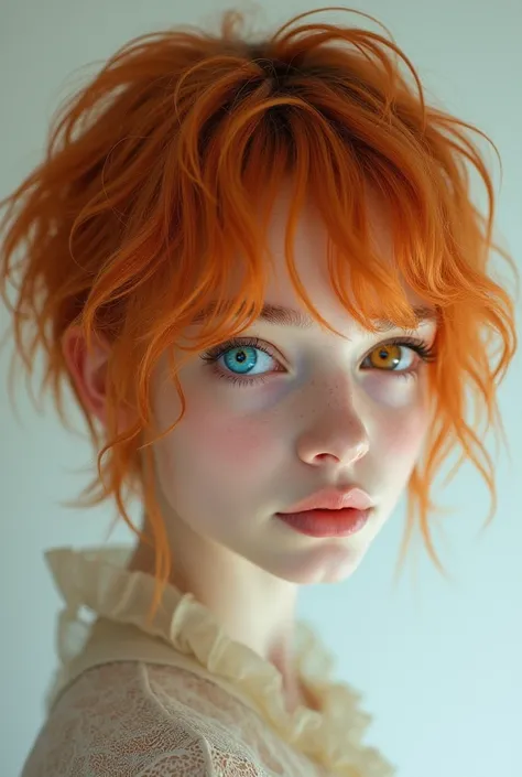  Creates short hair of copper-red hair with honey-colored hair as well as very white skin, eyes of one color blue and the other amber with a raised nose (Appearance of 16 and  )