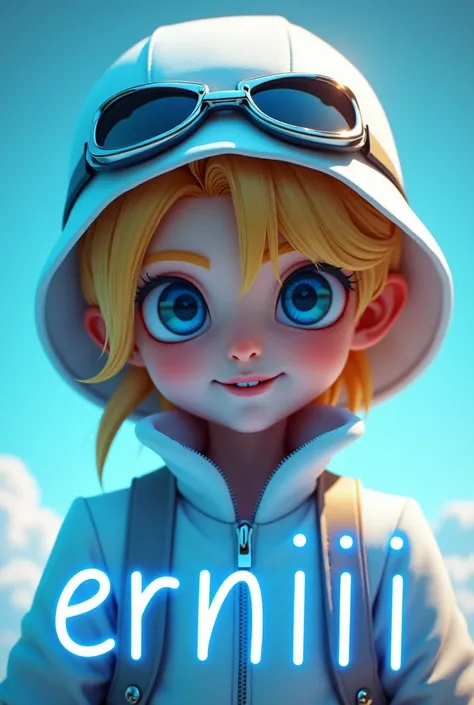 Blonde boy with white hat wearing aviator goggles in the picture should the text Erniii be in blue neon