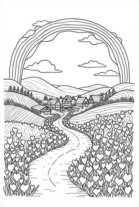 coloring page styled beautifull village scenery, hand drawn , summer like, camalia flower garden,sun with rainbow simple black and white 