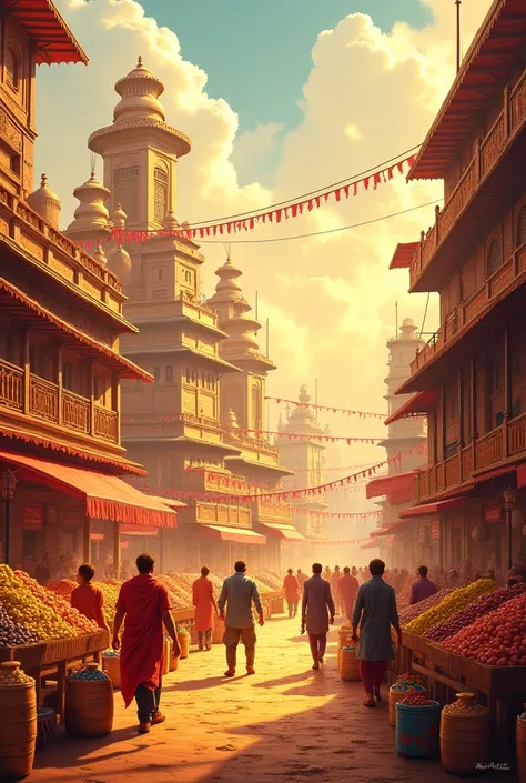 "An artistic representation of a thriving Indian snacks and sweets business, showcasing a bustling factory producing traditional Indian sweets and namkeens. A large banner in the background reads Biggest Unlisted Business in India. The scene is vibrant, fe...