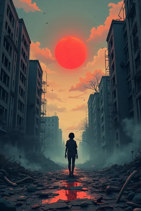  Create 5 images from this text  "Chapter 1:  Rebirth in a Broken World The sun barely peeked through a sky covered by dense clouds of ash . yuki despertó en el suelo de un apartamento destrozado,  with no memory of how she got there  .  Everything around ...