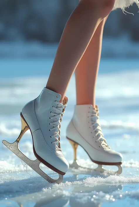 Woman’s feet in high heel ice skates 