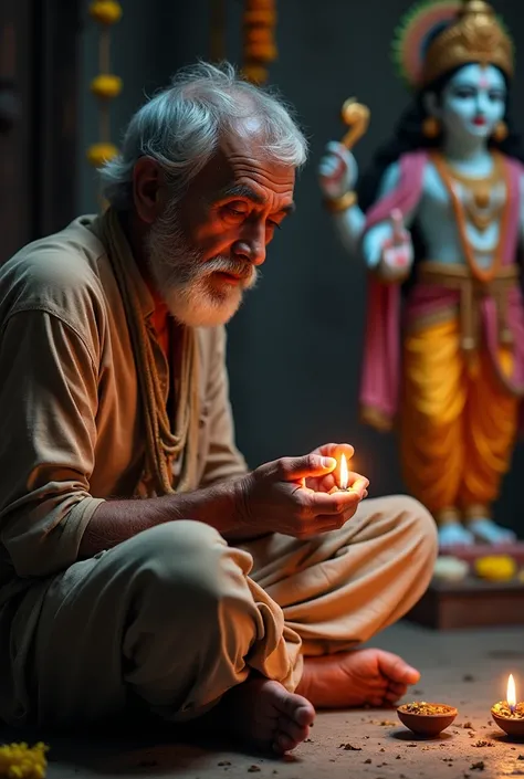 a middle-aged man in tattered clothes, sits cross-legged in front of the Krishna idol. His face reflects devotion and peace as he carefully lights a small clay oil lamp with trembling hands. The flickering flame illuminates his worn-out but calm face.