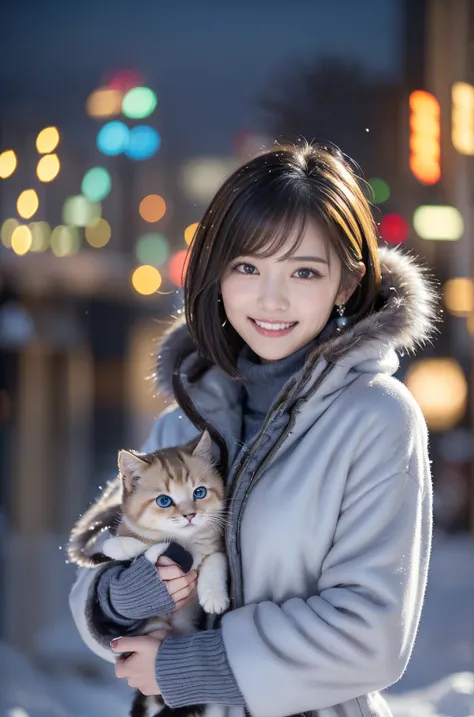 A toothy smile、blue eyes、Holding a kitten、Photo from the waist up、Night city illumination shot、Cowgirl Shot、Fur coat、luxurious gray mink fur coat、Weane leather boots、Luxury Bags、Inner turtleneck、Silver necklace and small silver earrings Millionaire style:1...