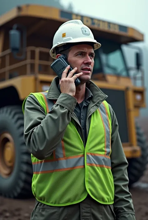 A mine worker is communicating using a radio in a white safety helmet and green vest against a background of HD 785