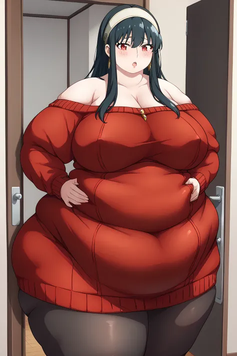 Yor Briar,  long hair、Black Hair、 white headband 、  red eyes、 gold earrings、Big Breasts、gem、Off-the-shoulder、Exposed neck circumference , red sweater 、 sweater dress、 Long Sleeve 、 black pantyhose,Obese middle-aged woman, troubled expression, embarrassing ...