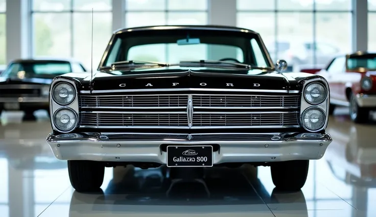 
"A high-quality, detailed image of a 1967 Ford Galaxie 500 Fastback, captured from the full front view angle in a showroom setting. The car features a stunning pure black exterior, a distinctive chrome-accented front grille, iconic round headlights, and a...