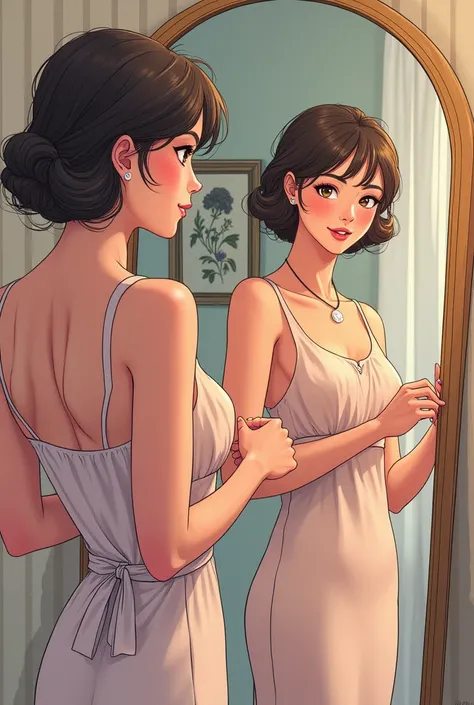 Create me a comic of lady fitting her clothes